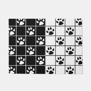 Black White Cute Windowpane Paw Plaid Doormat
