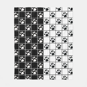 Black White Cute Windowpane Paw Plaid Fleece Blanket