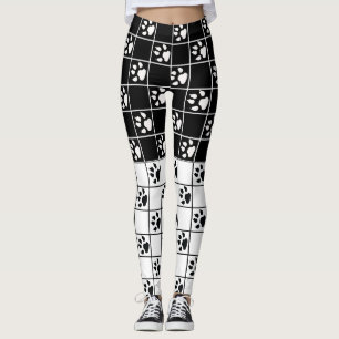 Black White Cute Windowpane Paw Plaid Leggings
