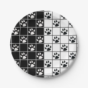 Black White Cute Windowpane Paw Plaid Paper Plate