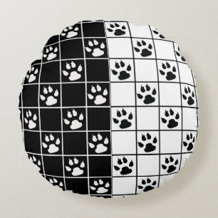 Black White Cute Windowpane Paw Plaid Round Cushion