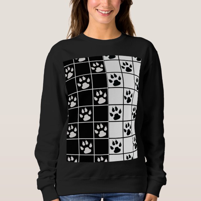 Black White Cute Windowpane Paw Plaid Sweatshirt (Front)