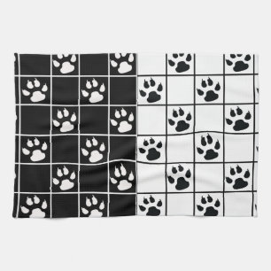 Black White Cute Windowpane Paw Plaid Tea Towel