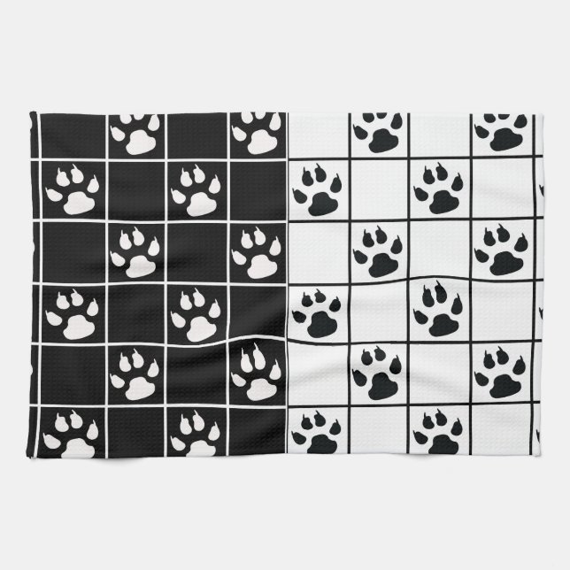 Black White Cute Windowpane Paw Plaid Tea Towel (Horizontal)