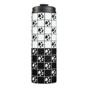 Black White Cute Windowpane Paw Plaid Thermal Tumbler