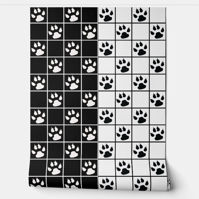 Black White Cute Windowpane Paw Plaid Wallpaper (Unrolling)
