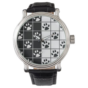 Black White Cute Windowpane Paw Plaid Watch