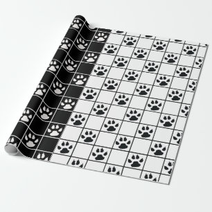 Black White Cute Windowpane Paw Plaid Wrapping Paper