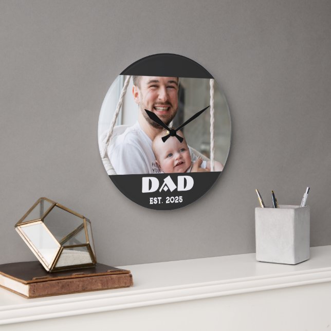 Black White Dad Established Bold Photo Large Clock (Office)