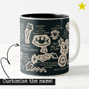 Black White Daily Affirmation Doodles Custom Name Two-Tone Coffee Mug