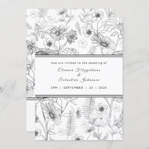 Black & white daisy flower roses pattern wedding invitation