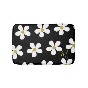 Black White Daisy Pattern Simple Floral Gold Bath Mat