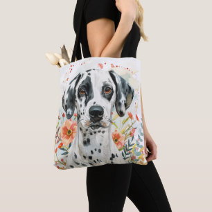 BLACK & WHITE DALMATIAN DOG WITH WILDFLOWERS TOTE BAG