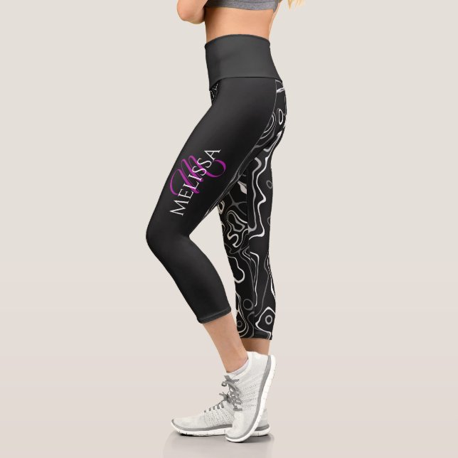 Black white damascus abstract pattern Monogram Capri Leggings (Left)