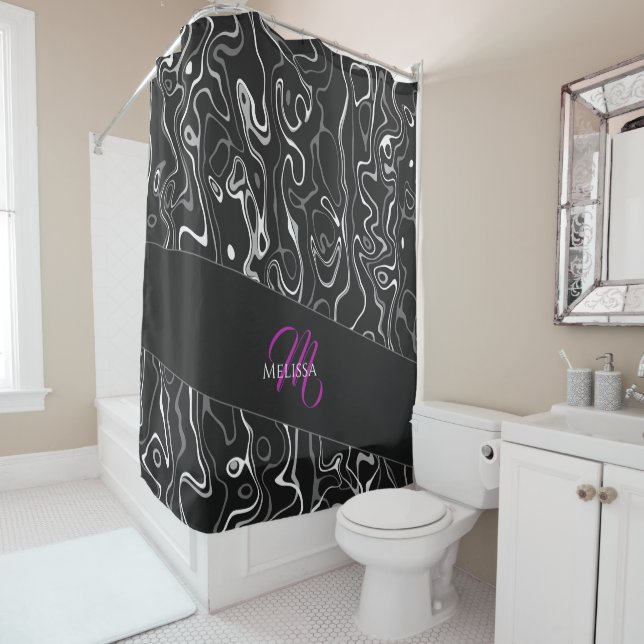 Black white damascus abstract pattern Monogram Shower Curtain (In Situ)