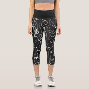 Black white damascus abstract swirls cool pattern capri leggings