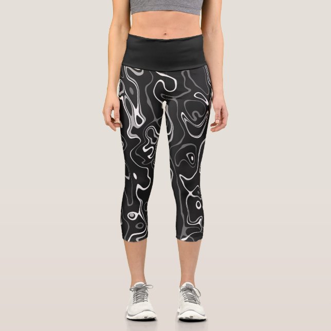 Black white damascus abstract swirls cool pattern capri leggings (Front)