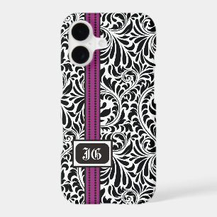 Black white damask and purple band with initials