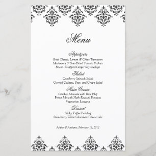 Black White Damask Arabesque Wedding Menu Card