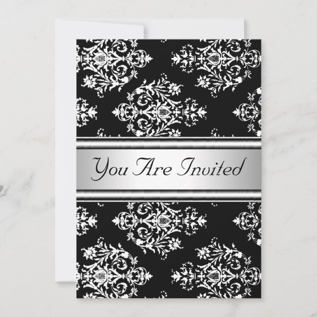 Black White Damask Birthday Party Invitation (Front)