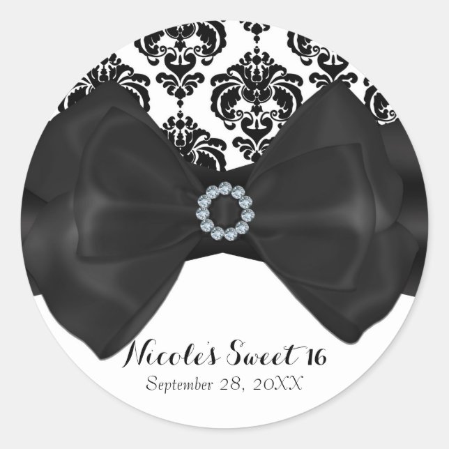 Black & White Damask Bling Bow Glam Sweet 16 Party Classic Round Sticker (Front)