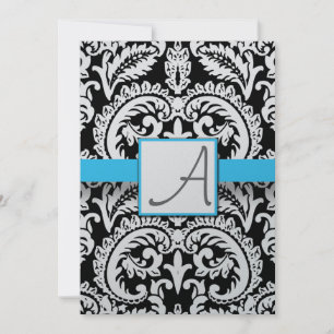 Black & White Damask Bright Aqua Trim with Dots Invitation