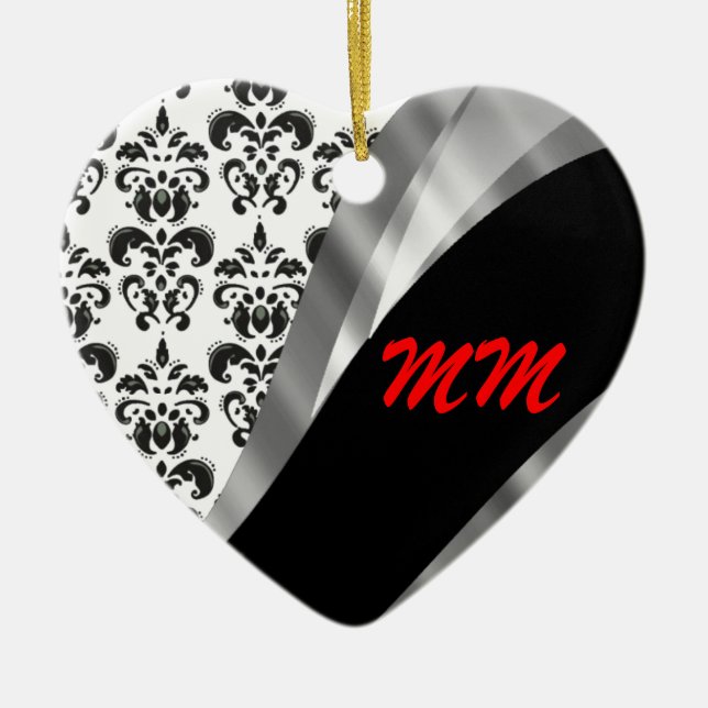 Black & white damask ceramic ornament (Front)