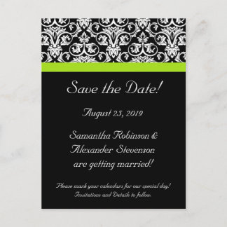 Black/White Damask Chartreuse Green Save the Date Announcement Postcard