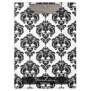 Black White Damask Chic Elegant Glam Personalised Clipboard