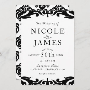Black & White Damask Chic Elegant Minimal Wedding Invitation
