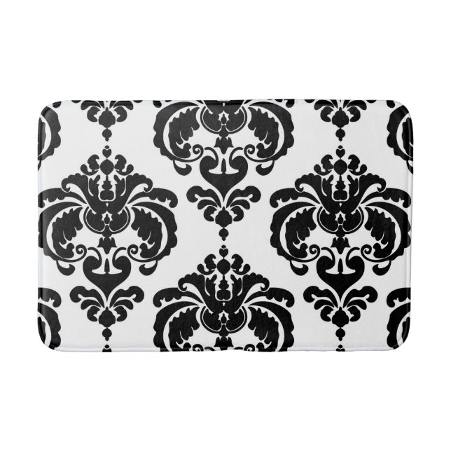 Black & White Damask Chic Modern Elegant Pattern Bath Mat (Front)