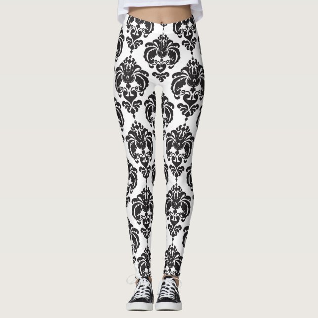 Black & White Damask Chic Modern Elegant Pattern Leggings (Front)