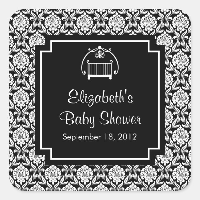 Black & White Damask Crib Baby Shower Square Square Sticker (Front)