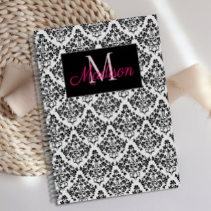 Black White Damask Cute Girly Trendy Monogram Planner