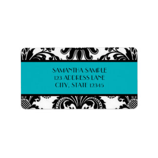 Black & White Damask, Deep Turquoise Label