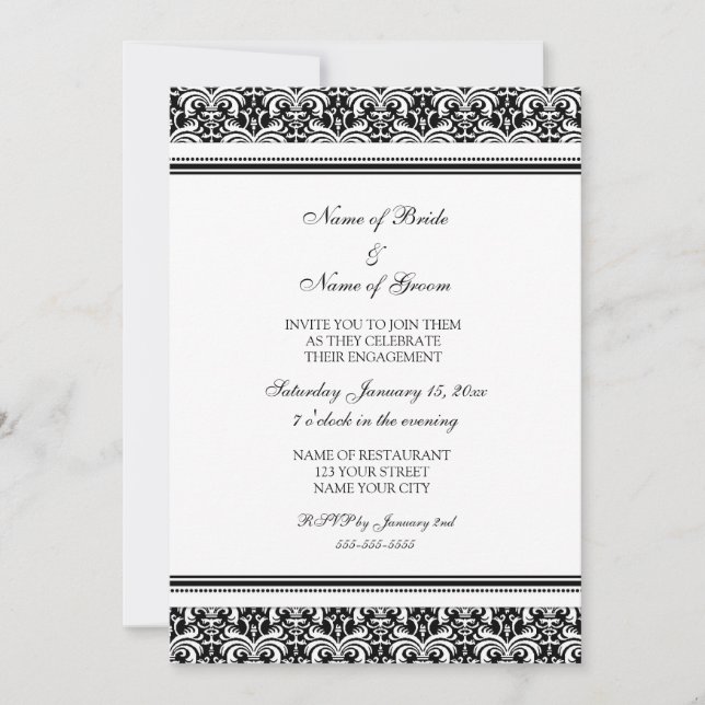 Black White Damask Engagement Party Invitations (Front)