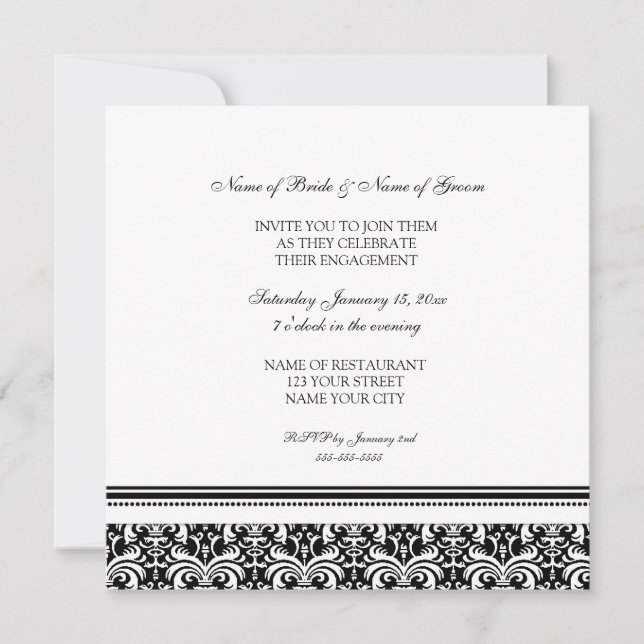 Black White Damask Engagement Party Invitations (Front)