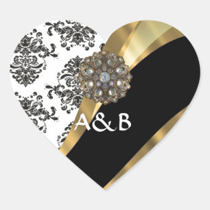 Black & white damask, faux jewel heart sticker