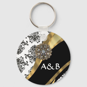 Black & white damask, faux jewel key ring