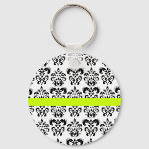 BLACK WHITE DAMASK FLORAL GREEN YELLOW STRIPE KEY RING