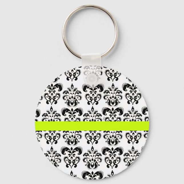 BLACK WHITE DAMASK FLORAL GREEN YELLOW STRIPE KEY RING (Front)