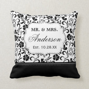 Black White Damask Floral Just Married Wedding Cushion