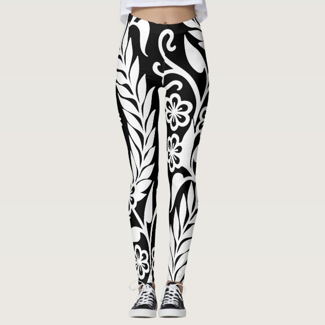 Black White Damask Floral Pattern Custom Modern Leggings (Front)