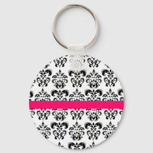 BLACK WHITE DAMASK FLORAL PINK FUCHSIA STRIPE KEY RING