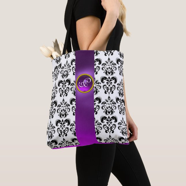 BLACK WHITE DAMASK FLORAL ,PURPLE GEM MONOGRAM TOTE BAG (Close Up)