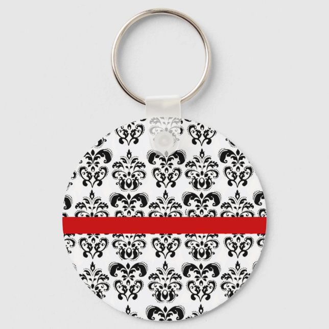 BLACK WHITE DAMASK FLORAL RED STRIPE KEY RING (Front)