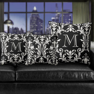 Black & White Damask Floral Swirls Monogram Cushion