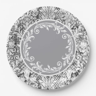 Black White Damask Floral Swirls Personalize Paper Plate