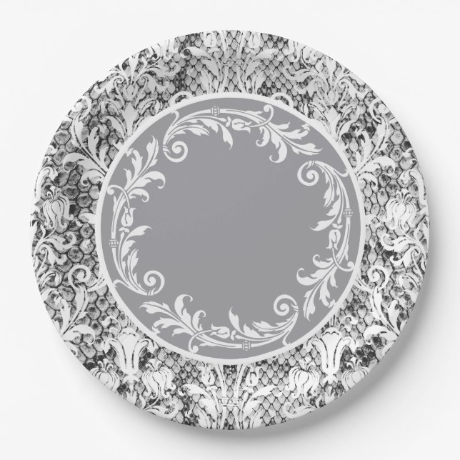 Black White Damask Floral Swirls Personalize Paper Plate (Front)