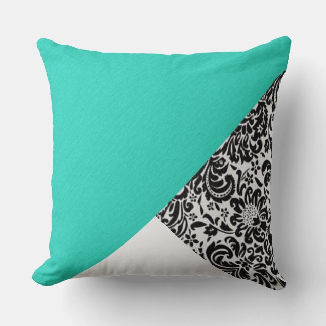 Black White Damask Floral Teal Turquoise Patches Cushion (Front)